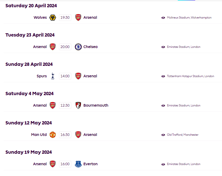 Arsenal FC Fixtures 2023-2024 Premier League