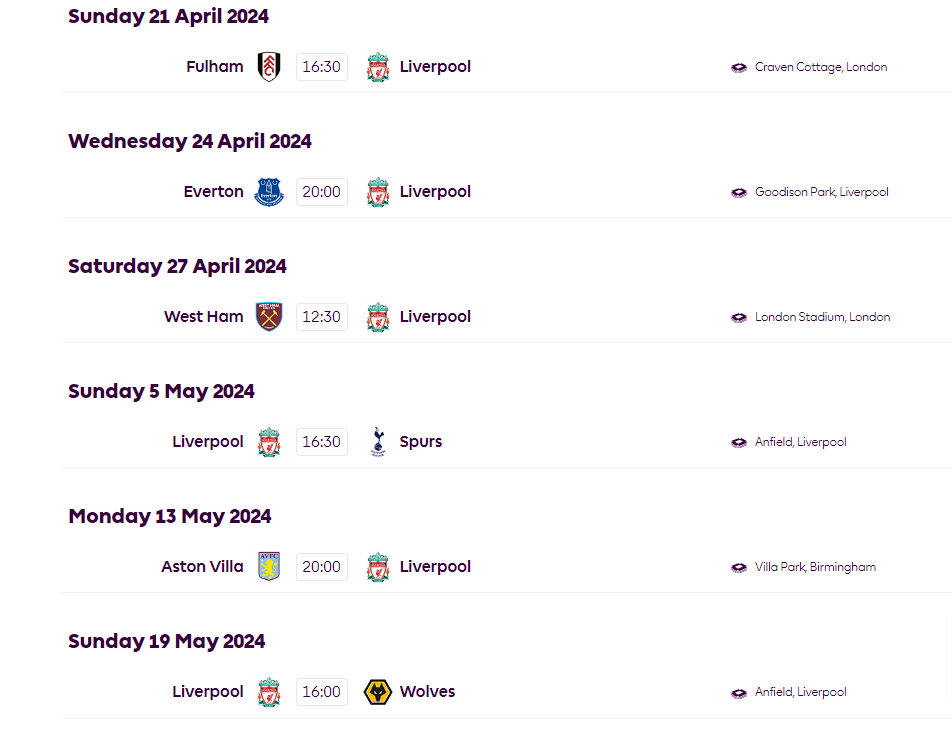 Liverpool FC Fixtures 2023-2024 Premier League
